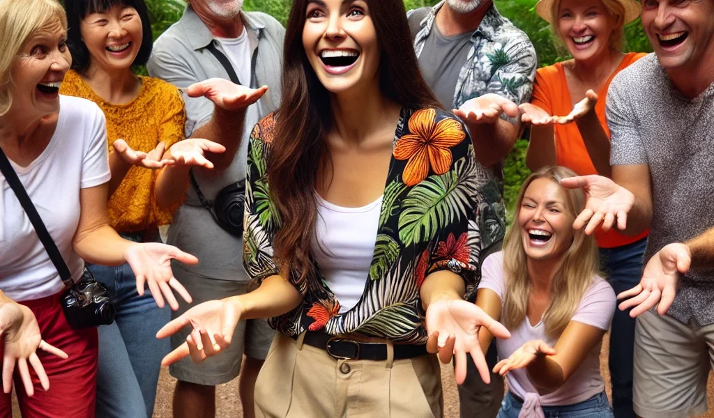 A group of tourists imitating Lily's gestures while laughing together, featuring Lily, an adult woman in casual attire, leading the group.